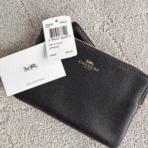 Coach Black Leather Wristlet with Gold Logo Zip